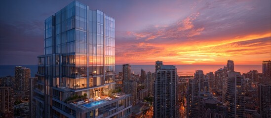 High-rise building with sunset cityscape