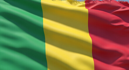 Obraz premium A closeup, eyelevel shot captures the national flag of mali, showcasing its vibrant green, yellow, and red vertical bands, creating a visually striking representation of the nations identity and cultu