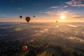 Aerial view of hot air balloons over a misty landscape at sunrise