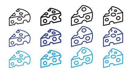 Collection of cheese wedge icons in black, blue, and gradient blue isolated on white background, representing different styles and variations of cheese symbols