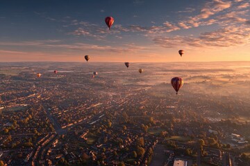 Aerial view of a town at sunrise with hot air balloons