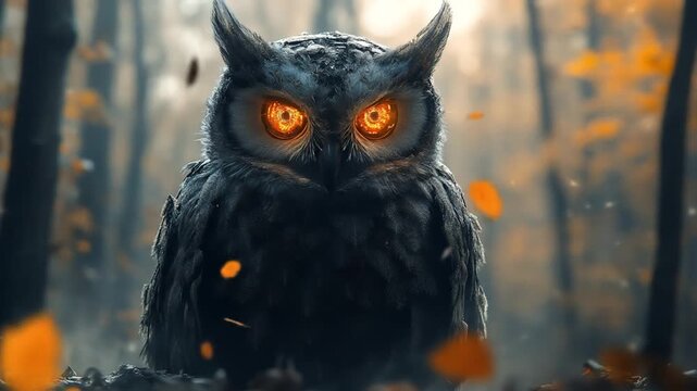Dark, fiery-eyed owl in autumnal forest