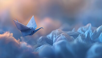 A paper crane soars through a dreamy sky