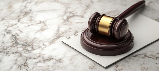 The gavel resting on a legal notepad on marble table symbolizing justice