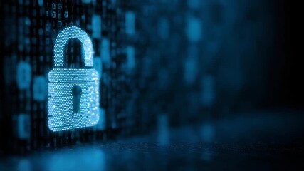 A glowing padlock symbol appears against a dark, tech-themed background filled with data patterns. This imagery highlights the importance of digital security and protection - Powered by Adobe