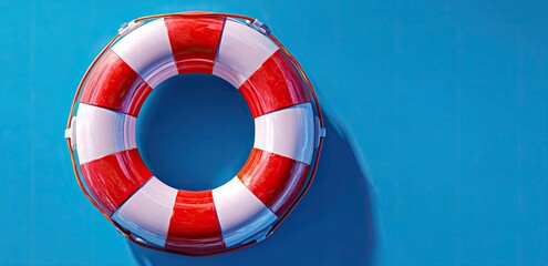 Red and white life preserver on a blue background