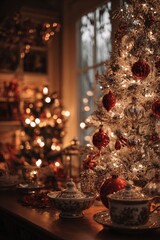 warmly lit christmas interior with twin decorated trees, porcelain tableware and festive ambiance in a cozy seasonal composition
