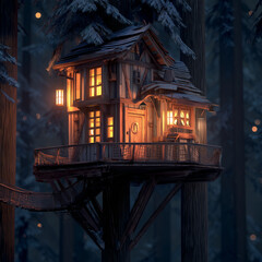Fototapeta premium Enchanting wooden treehouse illuminated at night in forest