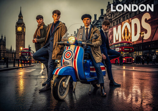 Pop culture London mods poster, classic scooter in red, white, and blue, urban architecture, mods logo circle, bold &ldquo;London Mods&rdquo; typography, retro cinematic art style.