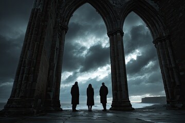 Silhouettes of three figures stand in an archway, facing a stormy sea