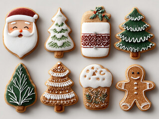 Christmas cookies arrayed neatly, featuring Santa Claus, tree, candy cane, gingerbread house, and snowman designs All made of icing on a light background Realistic and whimsical style - AI-Generated