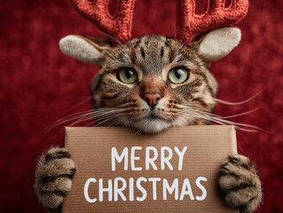 Brown tabby cat with antlers, red backdrop, holiday season, cardboard sign saying Merry Christmas, whimsical, heartwarming, soft lighting, playful composition - AI-Generated
