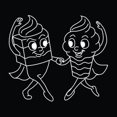 Cartoon vector illustration of a pair of hearts, skulls, and bones, and a funny skeleton character design