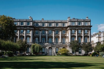 Historic building facade with manicured lawn