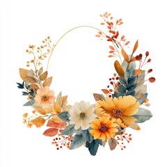 A cute water color illastration of an *Autumn flower oval frame*, top view, minimal isolated on white background, no shadow, autumn aesthetic --ar 1:1 --v 7.0