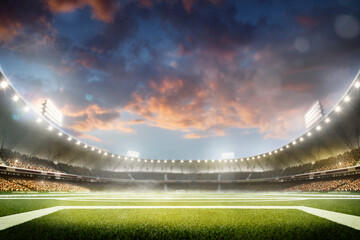 Soccer arena full of fans. Soccer championship. Professional soccer stadium. Sports concept. Sunset...