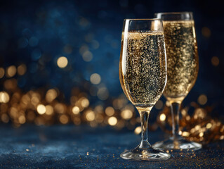 Golden confetti, two fluted champagne glasses filled with bubbling champagne, soft lighting, luxurious setting, formal occasion, celebration - AI-Generated