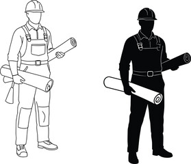 Construction worker silhouette vector architect holding blueprint engineer design drawing contractor builder building plan construction illustration outline