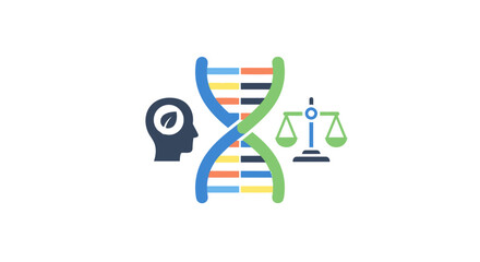 Bioethics Concept with DNA Helix and Scales of Justice.