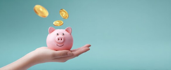 The Piggy Bank Held on a Hand with Falling Gold Coins and Savings