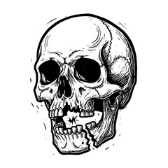 Fototapeta premium Skull illustration with broken jaw in black and white design 