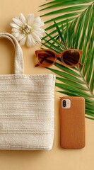 Effortlessly chic summer essentials laid out for a perfect getaway including a woven tote, stylish sunglasses, and a sleek phone case with tropical leaves.