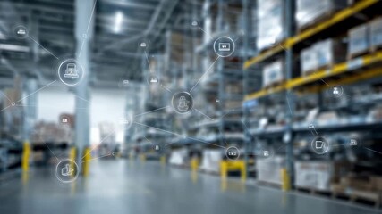 Medium shot of an integrated IoT system with interconnected devices communicating stock updates main devices in crisp detail against a blurred warehouse backdrop - Powered by Adobe