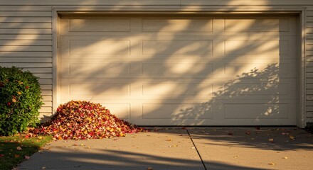 Pile of autumn leaves beside garage door in evening light  