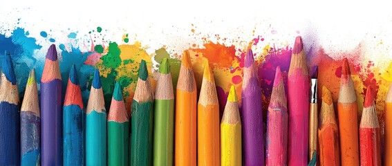 Colorful pencils arranged in a row against a backdrop of colorful paint splatters