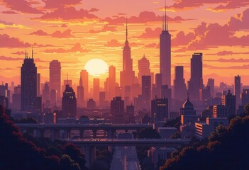 Obraz premium Golden Hour Cityscape Pixel Art Illustration of Modern Architecture Silhouetted Against a Vibrant Sunset Sky.