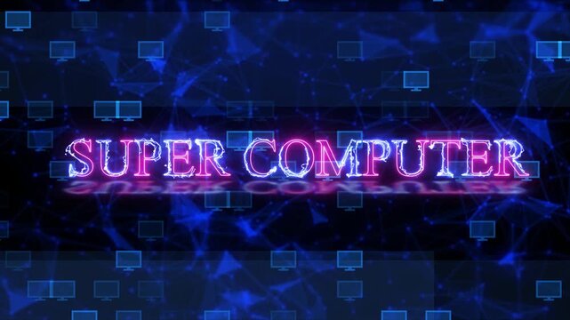 A Digital Backdrop Featuring Computer Monitor Icons, Blue Network Lines, And The Glowing Neon Text, "Super Computer,data Center: Powerful Tech Network With Glowing Neon Text,high tech Power. Super Com
