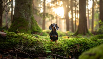 Dog in forest at sunset