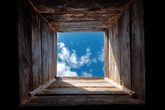 Wooden box looking up at a bright blue sky - Powered by Adobe
