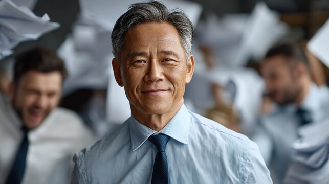 Man in a suit smiling calmly while documents fly chaotically around him and others. Conceptual image of stress relief, control, and efficiency.