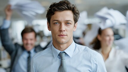 A young man in a suit is in a stressful office environment. The photo conveys the chaos and pressure of competition.