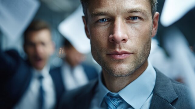 A young man in a suit is in a stressful office environment. The photo conveys the chaos and pressure of competition.