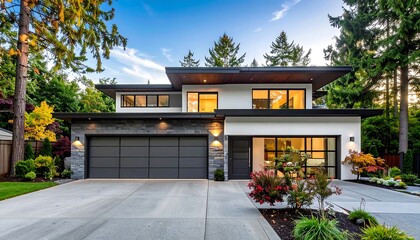 Modern home with contemporary design, nestled in a landscaped yard