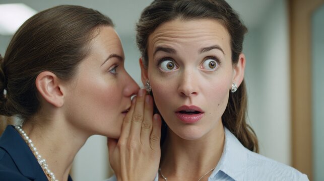 Two young businesswomen whispering a secret to each other in the office. Office gossip and confidential information.