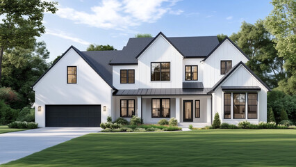 Modern two-story house with white walls, big windows, and green yard. Perfect family home, stylish, bright, and peaceful location.