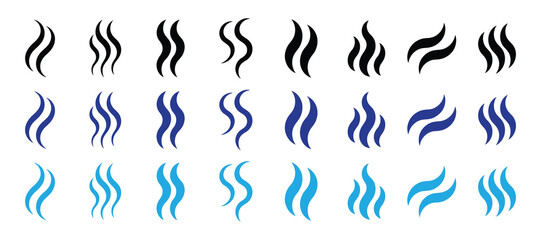 Collection of steam icons in black, blue, and light blue, isolated on white background