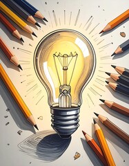 Illuminating Idea Surrounded by Colored Pencils