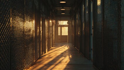 Long industrial hallway bathed in golden sunlight