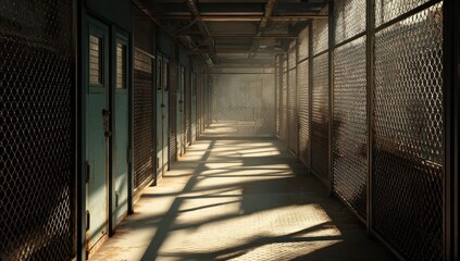 Industrial hallway with barred sections