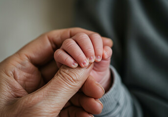 Baby's hand holding onto an adult's finger.