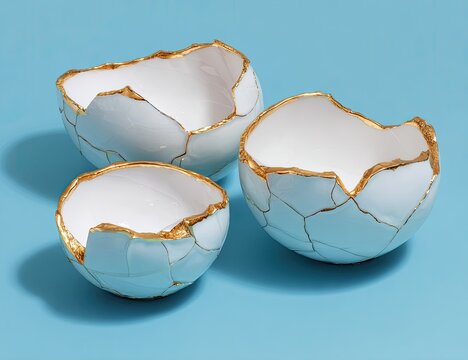 Three cracked eggshell bowls on a light teal background