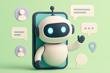 Cute 3D robotic assistant waving hi from a mobile phone screen with beige and purple chat and user icons
