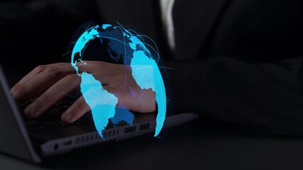 Global network connection visualization showing data exchange, digital link, worldwide...