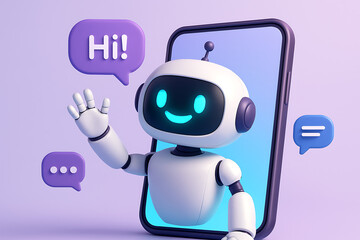 Cute 3D robotic assistant waving hi from a mobile phone screen with various purple chat and user icons in the background