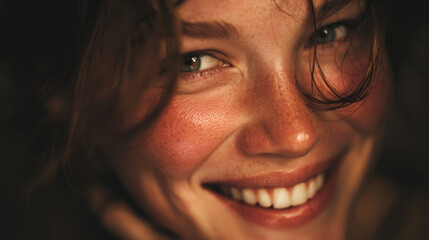 Smiling woman with wavy hair and radiant skin illuminated by soft light, exuding joy and confidence with sparkling eyes and a warm expression in a close-up portrait.