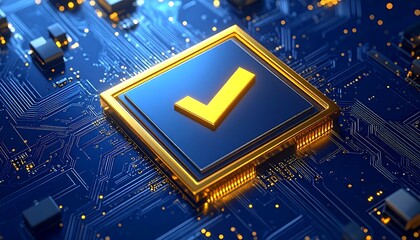 Golden checkmark on a circuit board (1)